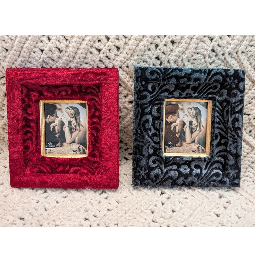 Malden Miniature Velvet Picture Frames Set of 2 Red Grey Damask 2x3 Photo